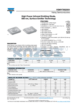 VSMY7852X01-GS08 datasheet - High Power Infrared Emitting Diode, 850 nm, Surface Emitter Techno