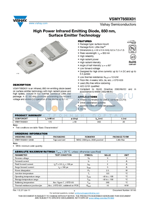 VSMY7850X01 datasheet - High Power Infrared Emitting Diode, 850 nm, Surface Emitter Technology