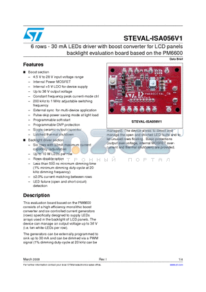 STEVAL-ISA056V1 datasheet - 6 rows - 30 mA LEDs driver with boost converter for LCD panels backlight evaluation board based on the PM6600