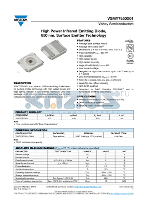 VSMY7850X01-GS08 datasheet - High Power Infrared Emitting Diode, 850 nm, Surface Emitter Technology