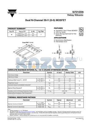 SI7212DN-T1-E3 datasheet - Dual N-Channel 30-V (D-S) MOSFET