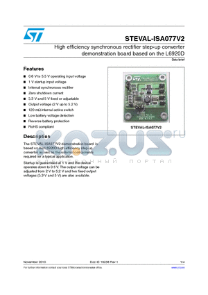 STEVAL-ISA077V2 datasheet - High efficiency synchronous rectifier step-up converter demonstration board based on the L6920D