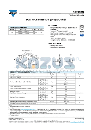 SI7216DN datasheet - Dual N-Channel 40-V (D-S) MOSFET