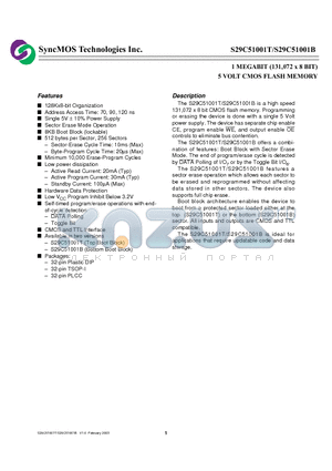 S29C51001B datasheet - 1 MEGABIT (131,072 x 8 BIT) 5 VOLT CMOS FLASH MEMORY