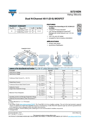 SI7216DN-T1-E3 datasheet - Dual N-Channel 40-V (D-S) MOSFET