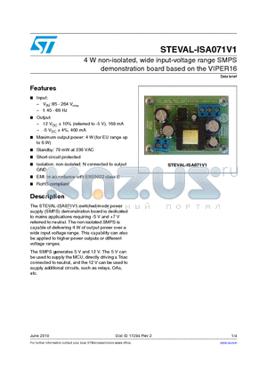 STEVAL-ISA071V1 datasheet - 4 W non-isolated, wide input-voltage range SMPS demonstration board based on the VIPER16