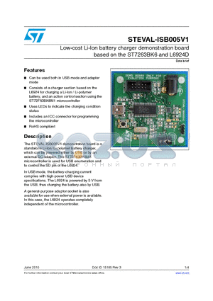 STEVAL-ISB005V1 datasheet - Low-cost Li-Ion battery charger demonstration board based on the ST7263BK6 and L6924D