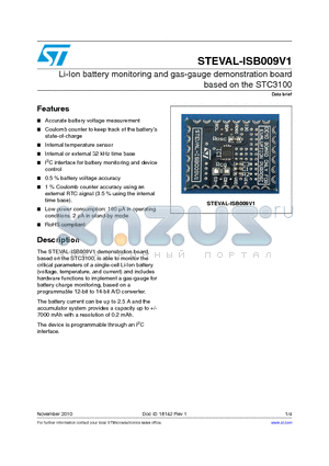 STEVAL-ISB009V1 datasheet - Li-Ion battery monitoring and gas-gauge demonstration board based on the STC3100