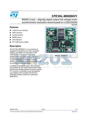 STEVAL-MKI004V1 datasheet - MEMS 3-axis - a2g/a6g digital output low voltage linear accelerometer evaluation board based on LIS3LV02DQ