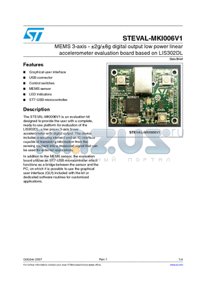 STEVAL-MKI006V1 datasheet - MEMS 3-axis - a2g/a8g digital output low power linear accelerometer evaluation board based on LIS302DL