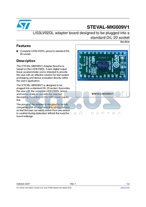STEVAL-MKI009V1 datasheet - LIS3LV02DL adapter board designed to be plugged into a standard DIL 20 socket
