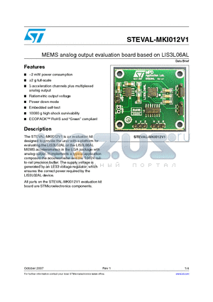 STEVAL-MKI012V1 datasheet - MEMS analog output evaluation board based on LIS3L06AL