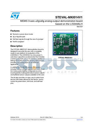 STEVAL-MKI014V1 datasheet - MEMS 3-axis a2g/a6g analog-output demonstration board based on the LIS344ALH