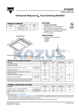 SI7384DP datasheet - N-Channel Reduced Qg, Fast Switching MOSFET