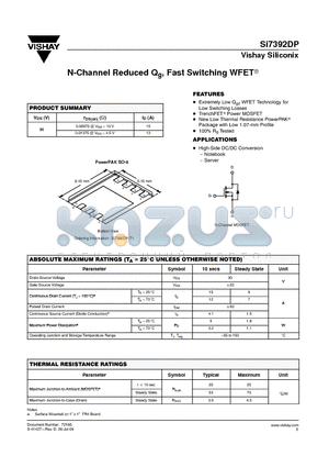 SI7392DP-T1 datasheet - N-Channel Reduced Qg, Fast Switching WFET