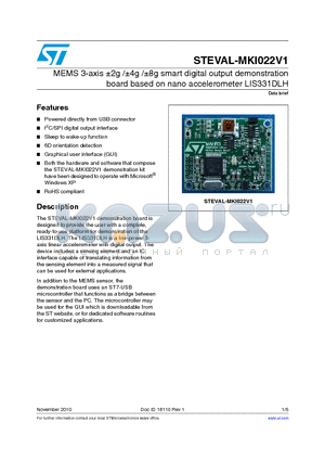 STEVAL-MKI022V1 datasheet - MEMS 3-axis a2g /a4g /a8g smart digital output demonstration board based on nano accelerometer LIS331DLH