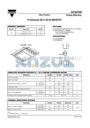 SI7403DN datasheet - P-Channel 20-V (D-S) MOSFET