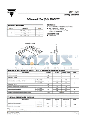 SI7411DN-T1-E3 datasheet - P-Channel 20-V (D-S) MOSFET