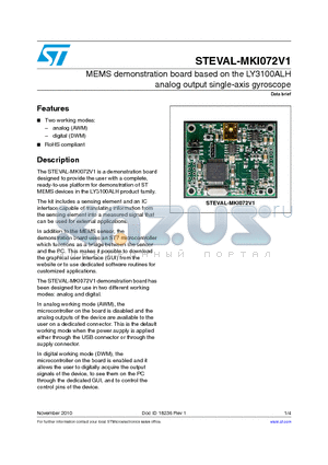 STEVAL-MKI072V1 datasheet - MEMS demonstration board based on the LY3100ALH analog output single-axis gyroscope