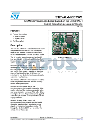 STEVAL-MKI073V1 datasheet - MEMS demonstration board based on the LY3200ALH analog output single-axis gyroscope