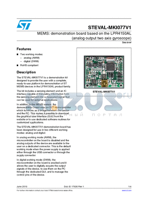 STEVAL-MKI077V1 datasheet - MEMS: demonstration board based on the LPR4150AL