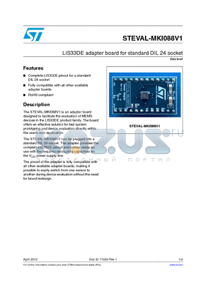 STEVAL-MKI088V1 datasheet - LIS33DE adapter board for standard DIL 24 socket