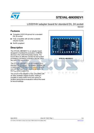 STEVAL-MKI092V1 datasheet - LIS331HH adapter board for standard DIL 24 socket