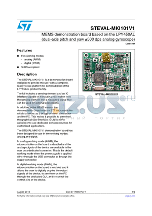 STEVAL-MKI101V1 datasheet - MEMS demonstration board based on the LPY450AL (dual-axis pitch and yaw a500 dps analog gyroscope)