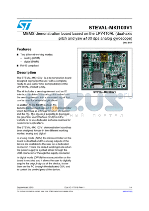 STEVAL-MKI103V1 datasheet - MEMS demonstration board based on the LPY410AL (dual-axis pitch and yaw a100 dps analog gyroscope)