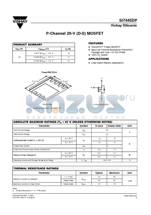 SI7445DP datasheet - P-Channel 20-V (D-S) MOSFET