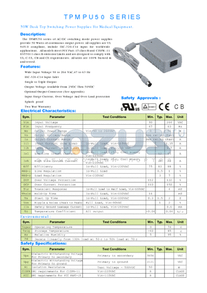 TPMPU50 datasheet - 50W Desk Top Switching Power Supplies For Medical Equipment.