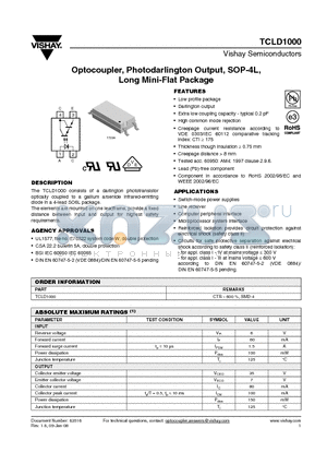 TCLD1000 datasheet - Optocoupler, Photodarlington Output, SOP-4L, Long Mini-Flat Package