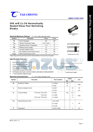 TCLL4148 datasheet - 500 mW LL-34 Hermetically Sealed Glass Fast Switching Diodes