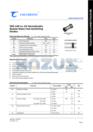 TCLL4448 datasheet - 500 mW LL-34 Hermetically Sealed Glass Fast Switching Diodes