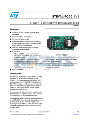 STEVAL-PCC011V1 datasheet - ST802RT1B Ethernet PHY demonstration board