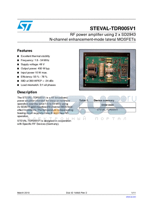 STEVAL-TDR005V1 datasheet - RF power amplifier using 2 x SD2943 N-channel enhancement-mode lateral MOSFETs