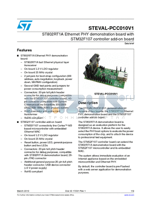 STEVAL-PCC010V1 datasheet - ST802RT1A Ethernet PHY demonstration board with STM32F107 controller add-on board