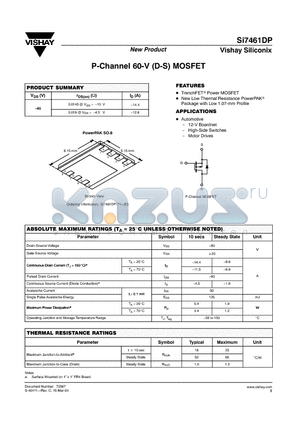 SI7461DP-T1-E3 datasheet - P-Channel 60-V (D-S) MOSFET