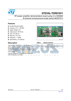STEVAL-TDR010V1 datasheet - RF power amplifier demonstration board using: 2 x SD2942 N-channel enhancement-mode lateral MOSFETs