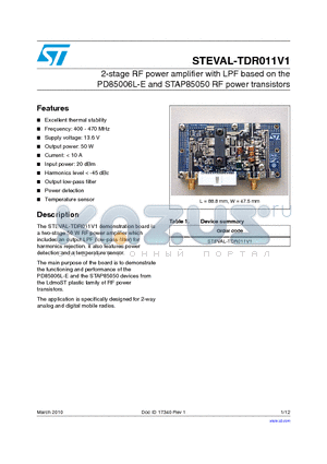 STEVAL-TDR011V1 datasheet - 2-stage RF power amplifier