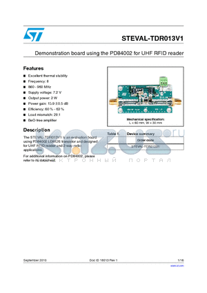 STEVAL-TDR013V1 datasheet - Demonstration board using the PD84002 for UHF RFID reader