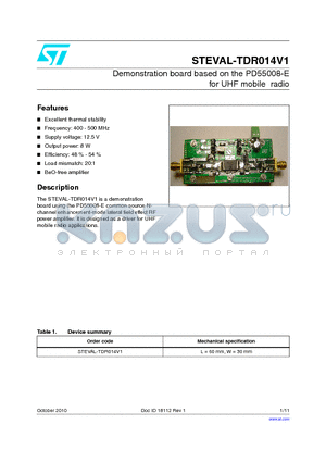 STEVAL-TDR014V1 datasheet - Demonstration board based on the PD55008-E for UHF mobile radio