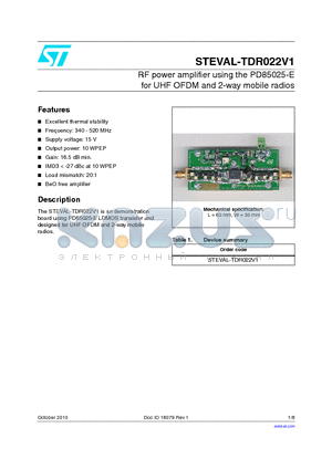 STEVAL-TDR022V1 datasheet - RF power amplifier using the PD85025-E for UHF OFDM and 2-way mobile radios