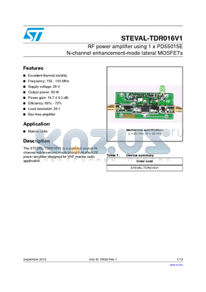 STEVAL-TDR016V1 datasheet - RF power amplifier using 1 x PD55015E N-channel enhancement-mode lateral MOSFETs