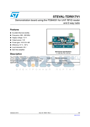 STEVAL-TDR017V1 datasheet - Demonstration board using the PD84001 for UHF RFID reader and 2-way radio