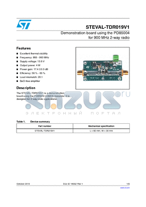 STEVAL-TDR019V1 datasheet - Demonstration board using the PD85004 for 900 MHz 2-way radio