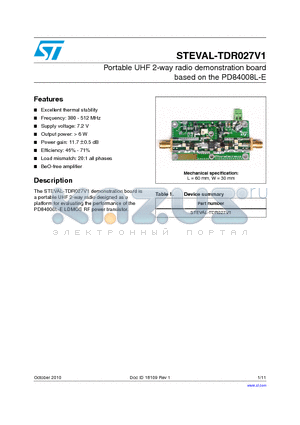 STEVAL-TDR027V1 datasheet - Portable UHF 2-way radio demonstration board based on the PD84008L-E