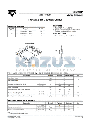 SI7485DP datasheet - P-Channel 20-V (D-S) MOSFET