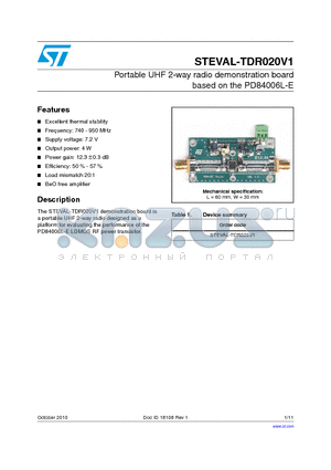 STEVAL-TDR020V1 datasheet - Portable UHF 2-way radio demonstration board based on the PD84006L-E