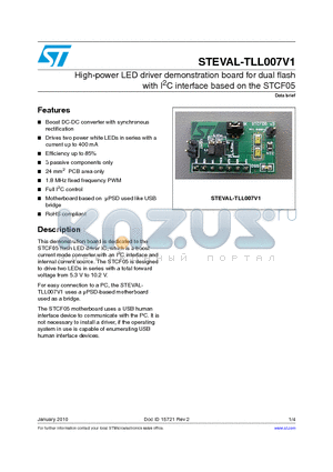 STEVAL-TLL007V1 datasheet - High-power LED driver demonstration board for dual flash with I2C interface based on the STCF05